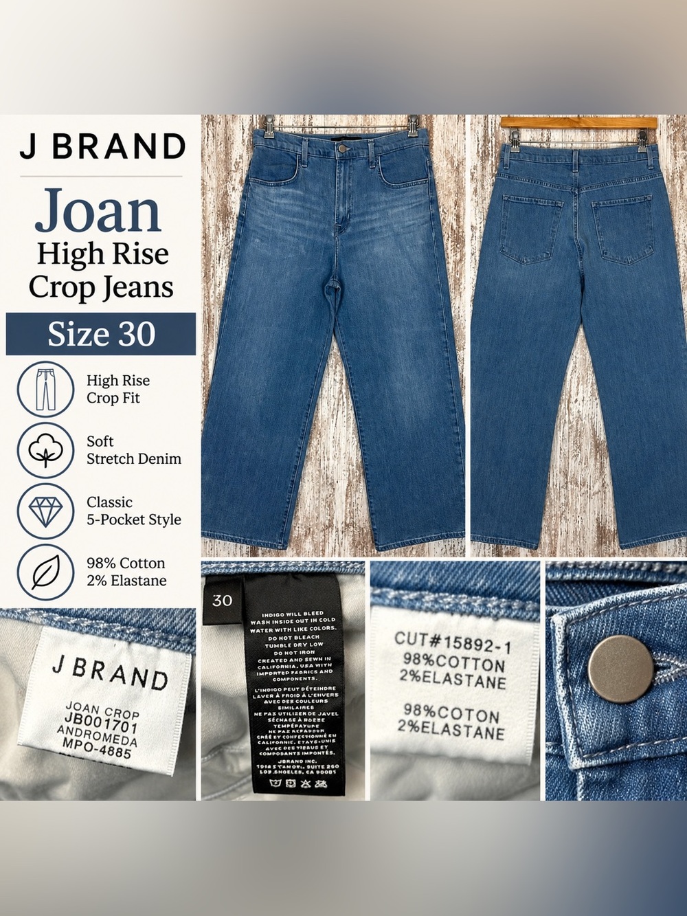 J Brand Joan High Rise Crop Jeans Women’s Size 30 Andromeda Blue Wide Leg